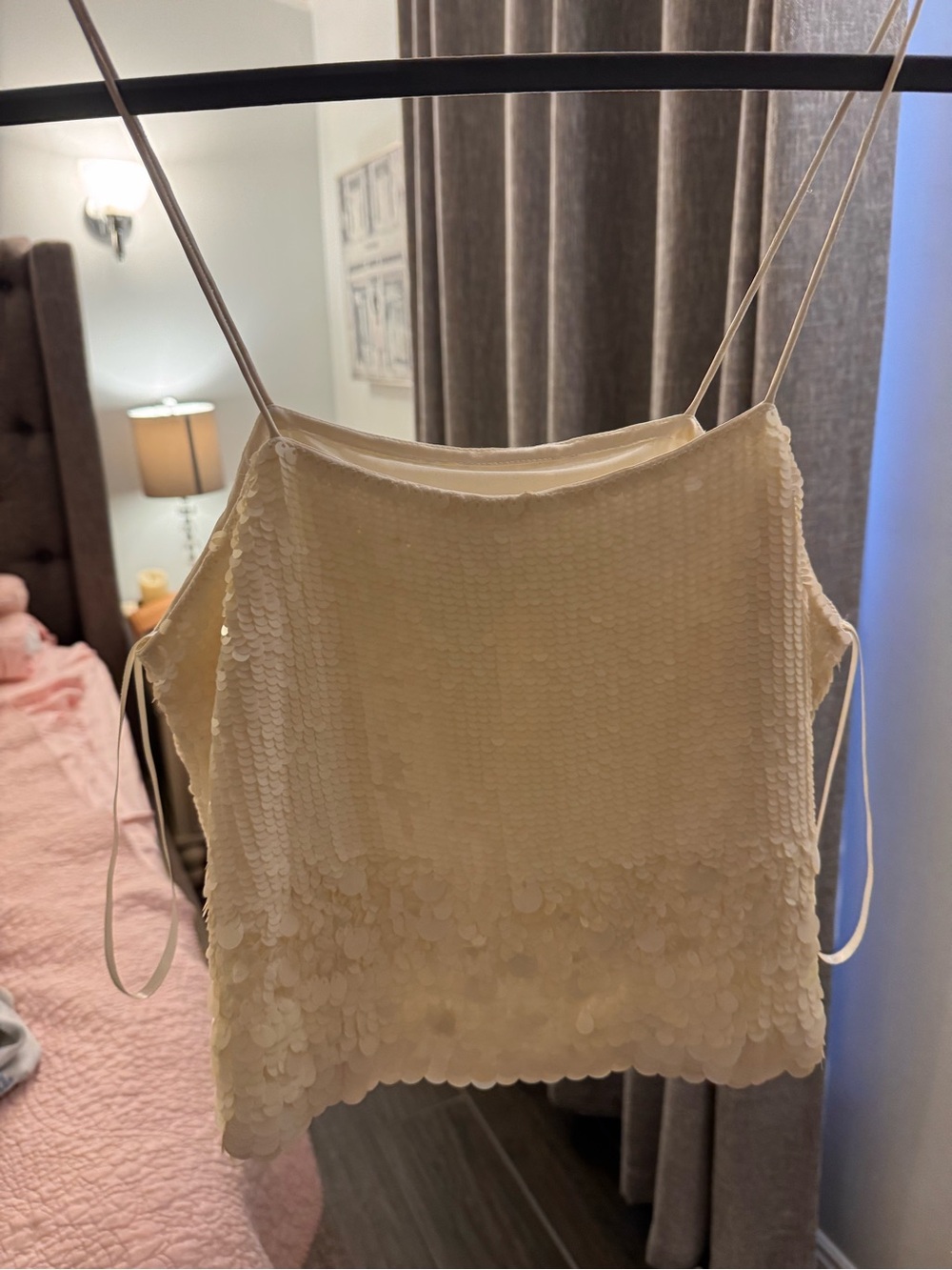 Veronica Beard Cream Sequin Spaghetti-Strap Crop Top